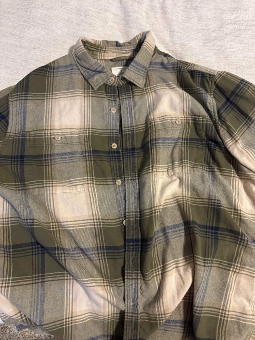 American Eagle Outfitters Olive & Cream Plaid Button-Down Shirt